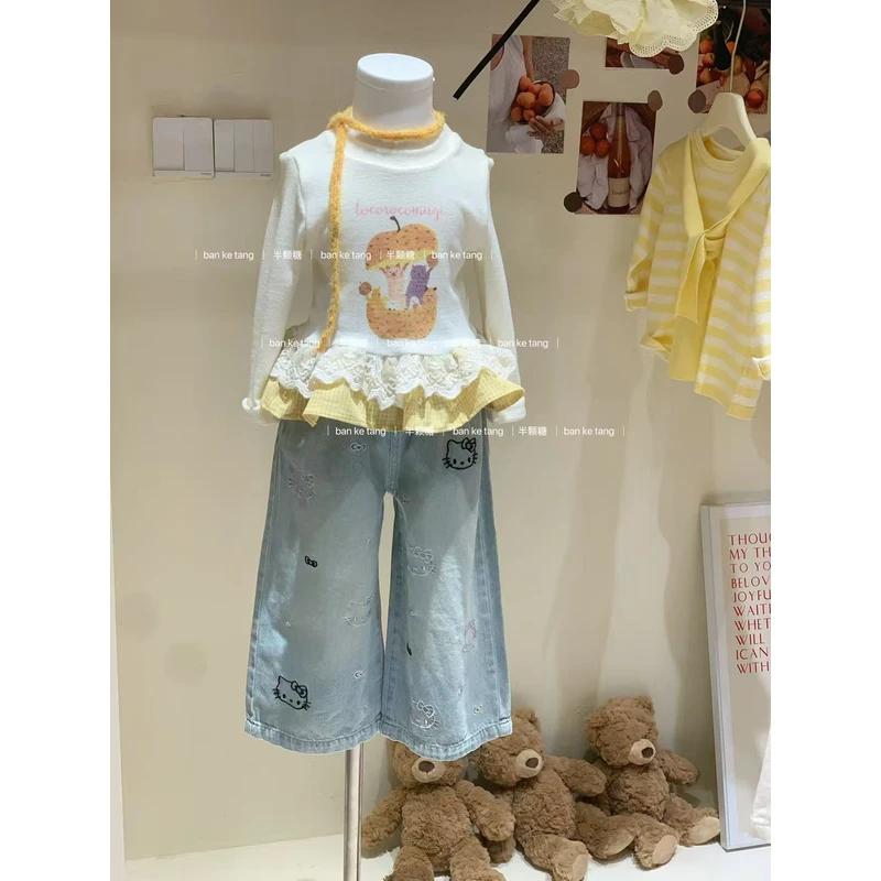 女童秋季卡通蕾丝花边上衣2025秋装新款韩版童装女宝宝洋气长袖