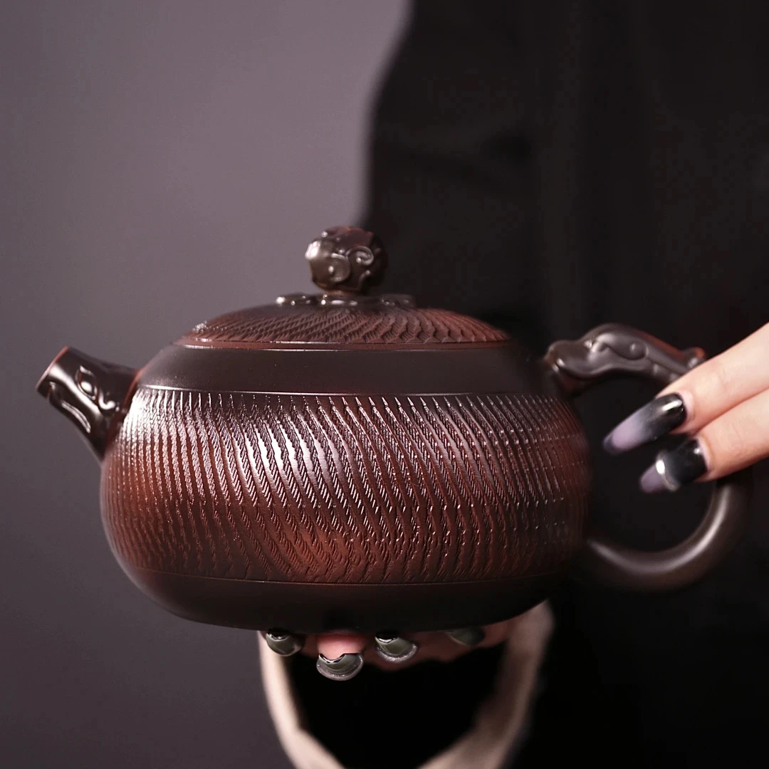 紫陶大容量纯手工跳刀纹西施凤鸣壶复古家用大号茶壶功夫茶具