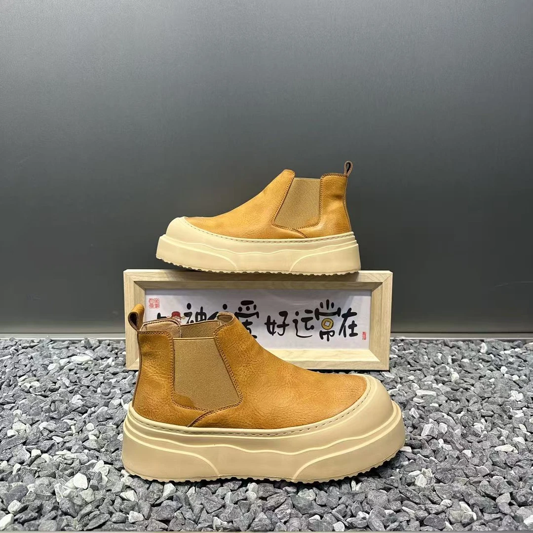 新款男士厚底2025秋冬皮面一脚蹬中邦鞋男款短靴潮流休闲鞋时装靴