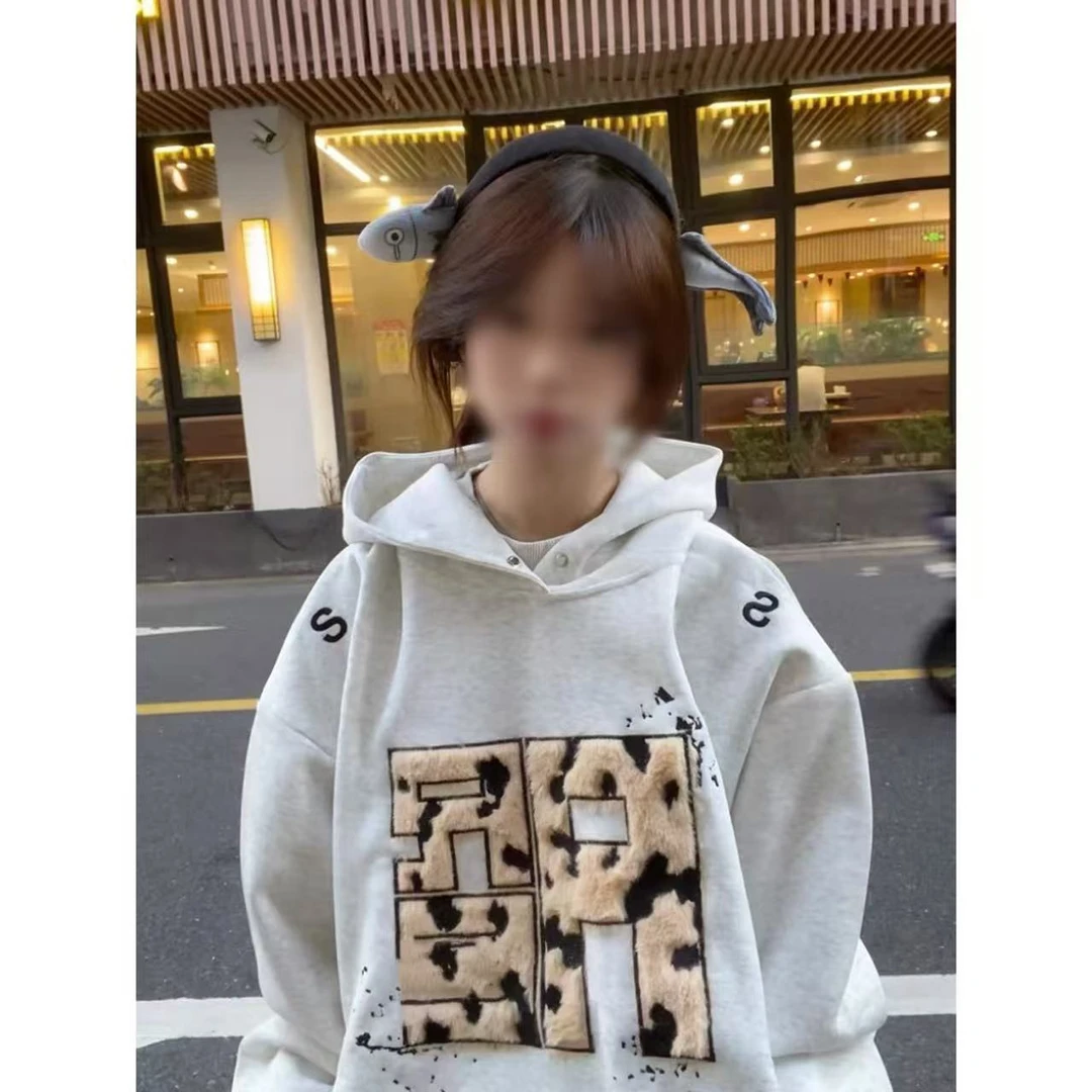 纯棉美式复古贴布刺绣连帽卫衣女秋冬加绒加厚oversize国潮牌外套