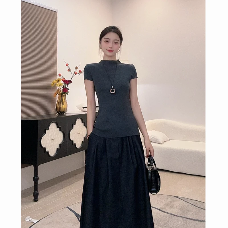 韩系半高领针织短袖T恤女2025秋季修身显瘦气质百搭打底上衣098