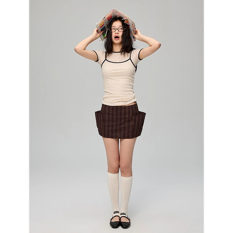 TDDP Barnfit 荃棉条纹半身裙女2025新款夏季高腰显瘦包臀短裙子