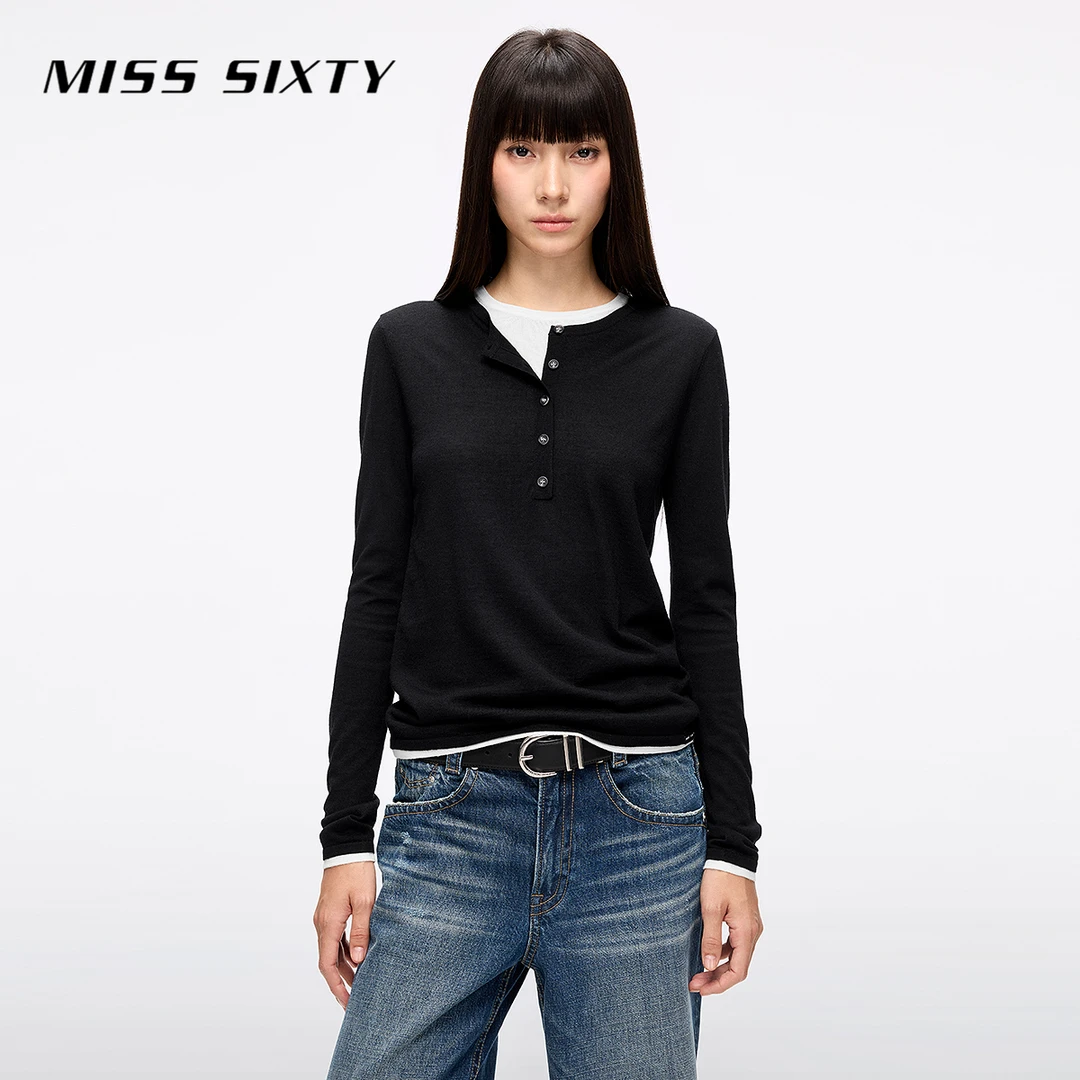 Miss Sixty2025春季新款绵羊毛混纺针织衫女假两件撞色上衣毛衣