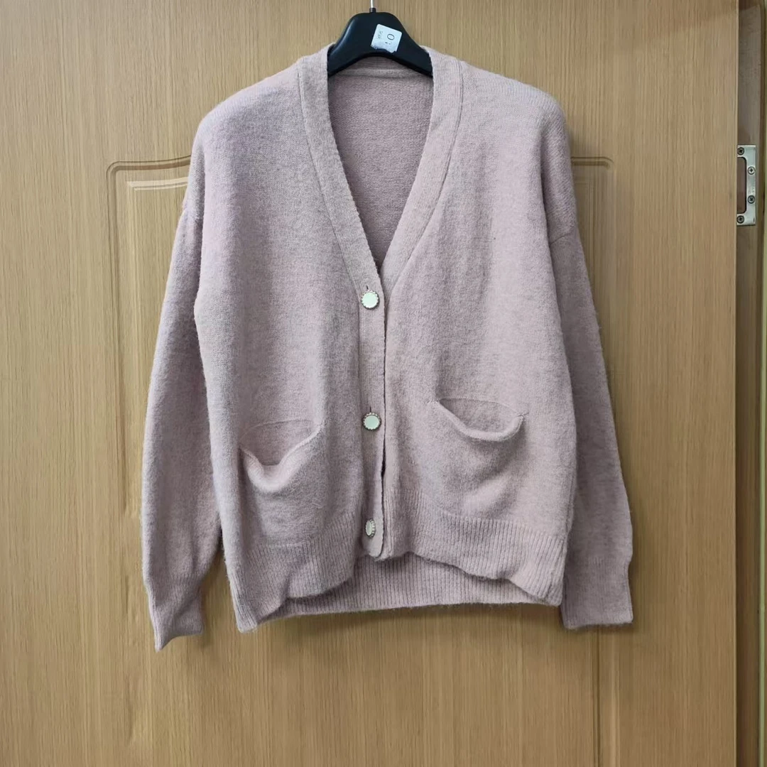 韩版V领单排扣宽松慵懒风双口袋针织毛衣开衫外套M119(C10-4)