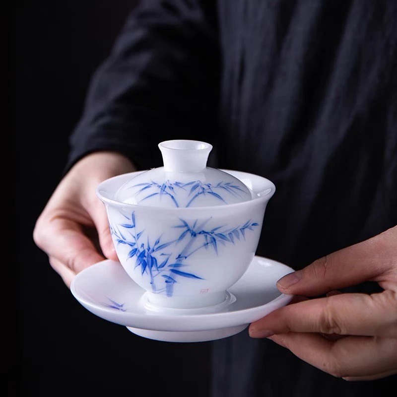 冰种青花瓷手绘三才盖碗山水泡茶杯家用单个功夫茶盖碗