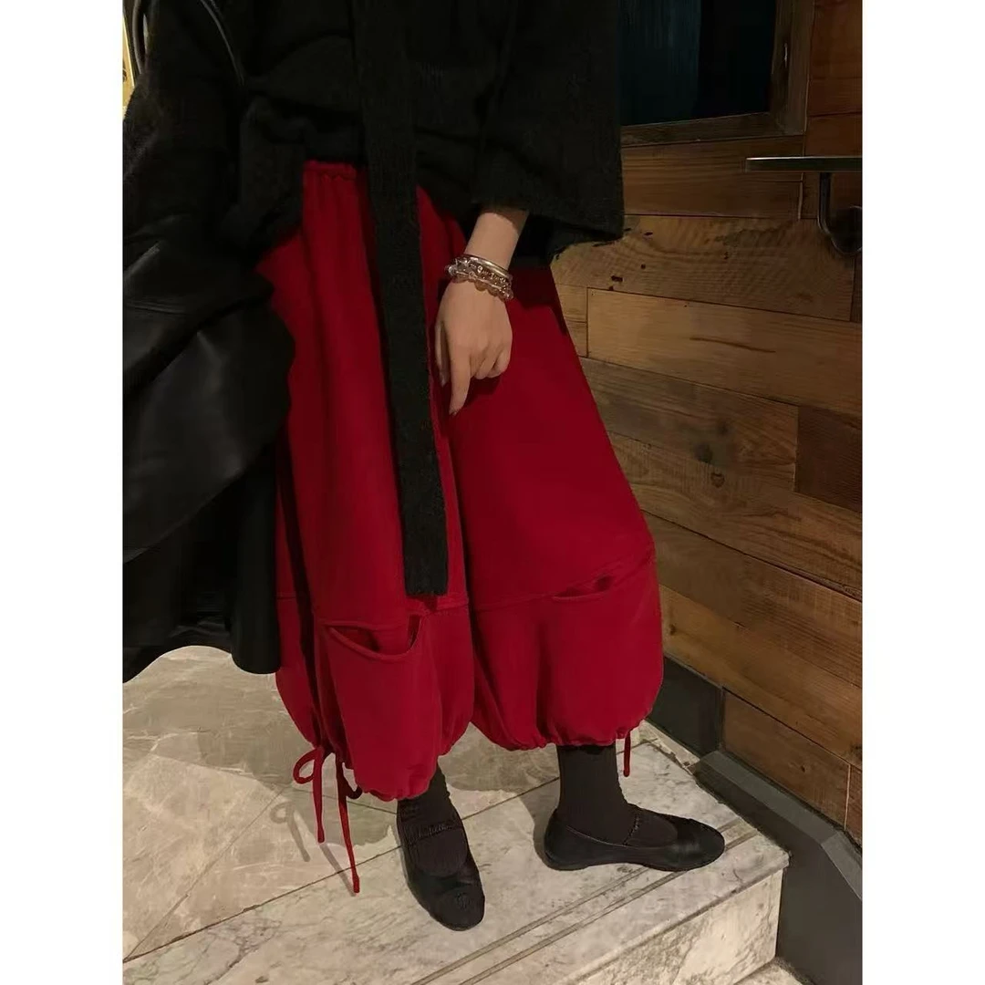 TOMATO-“花苞加绒绑绳卫裤”韩版大码宽松小众松紧腰加绒卫裤#1908