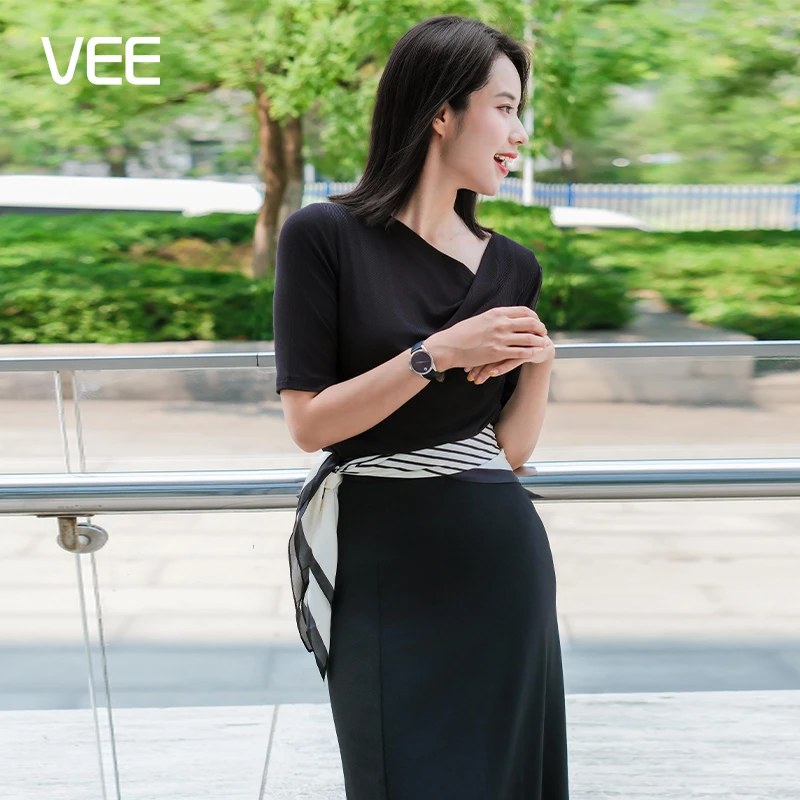 VEE【黑白剪影】慵懒气质舒适桑蚕丝混纺法式一字斜领T恤