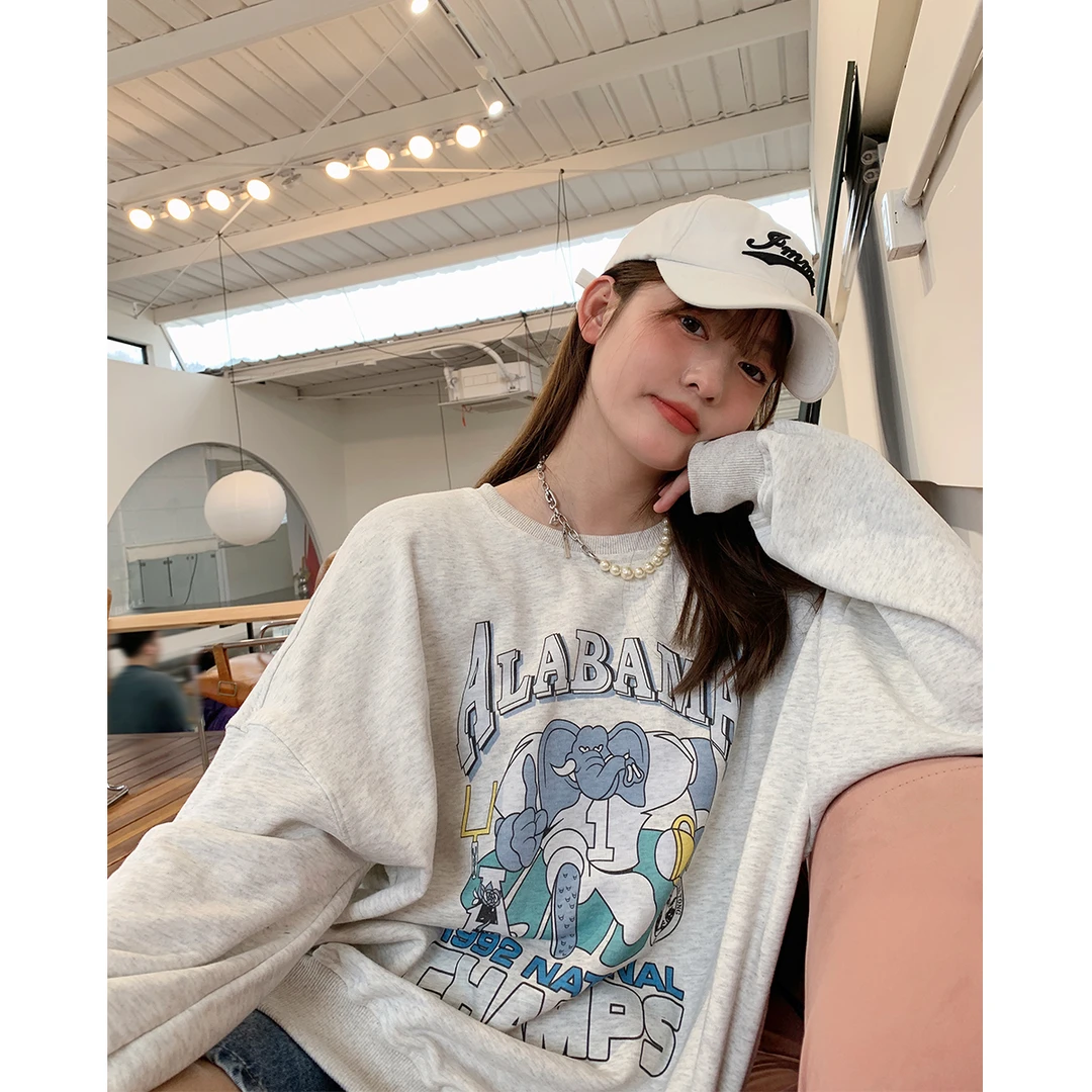 晶咕白标 长袖印花套头卫衣宽松薄款圆领上衣早秋设计感ins小众