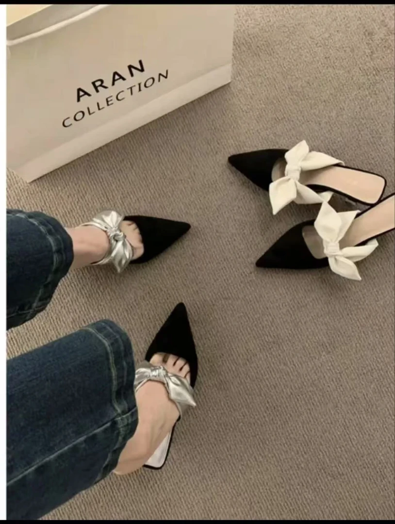 209-299（蔡红）包头穆勒鞋蝴蝶结尖头设计感女鞋子罗马风格半拖