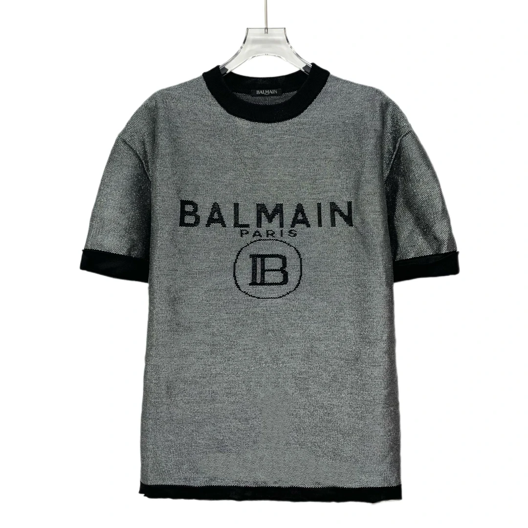 99新 BALMAIN/巴尔曼 EW0124 银灰色字母嵌花网眼短袖T恤 40 M码