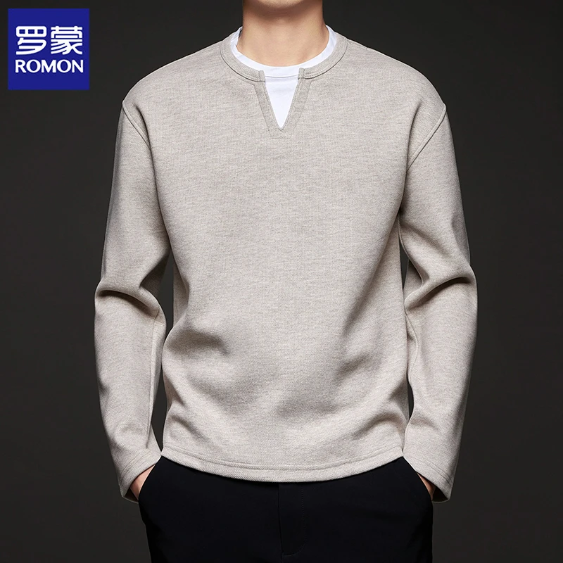 罗蒙韩版秋冬季V领男款假两件休闲卫衣含羊毛加厚男士长袖打底衫
