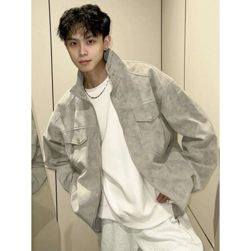 pu皮外套男春秋高级感痞帅立领美式复古工装男装皮衣夹克男款衣服