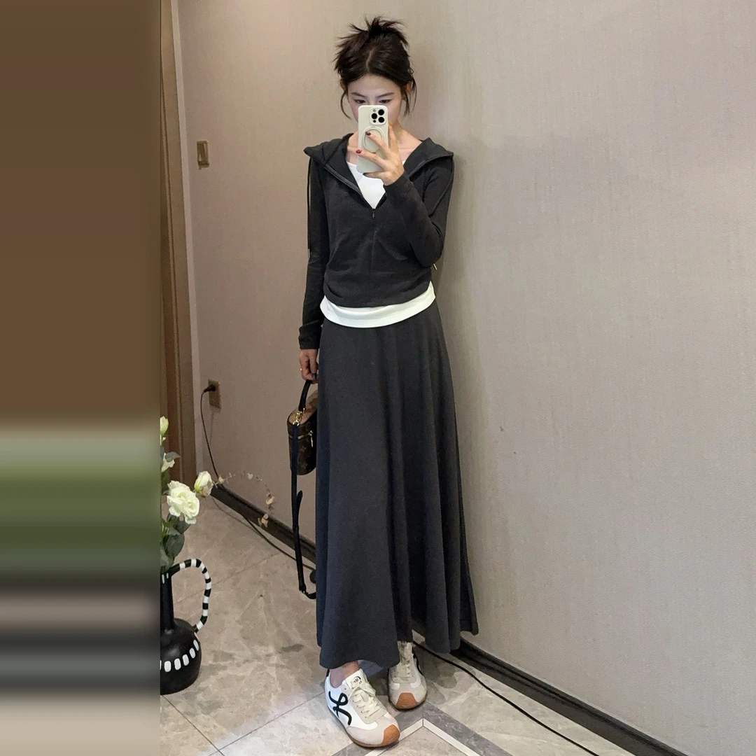 【全额运补  小个子定制】2025秋冬法式长袖假两件垂感半身裙两件套