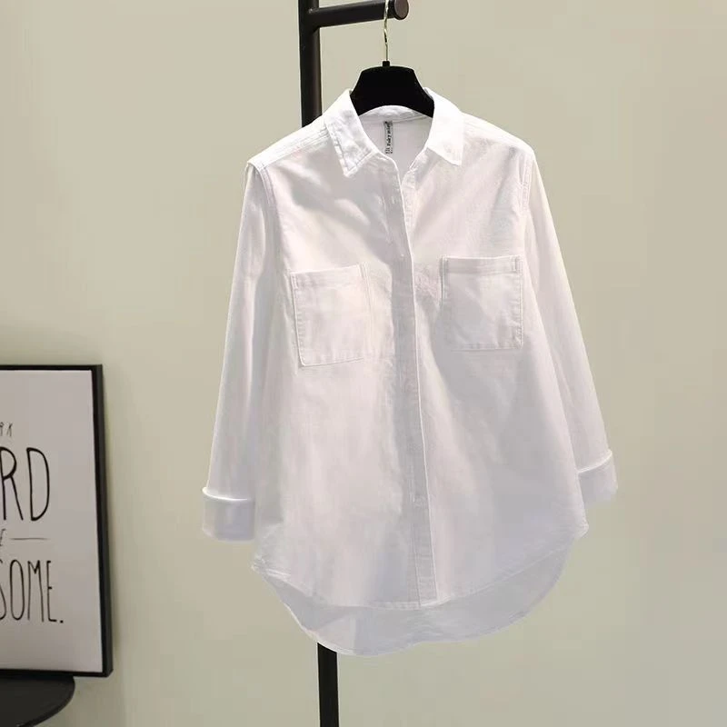 白色双口袋简约长袖衬衫女宽松时尚中长款纯色通勤衬衣女外搭开衫