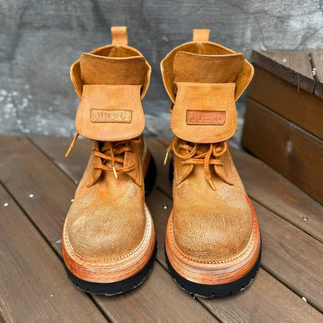 力SF 原创纯手工女鞋意大利复古水洗马皮百搭焦糖橙马丁靴男女款