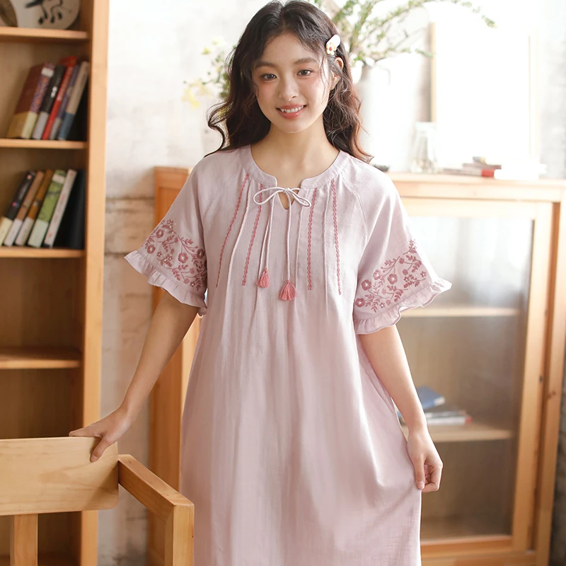 春夏纯棉女士睡裙简约宽松可外穿休闲V领可外穿中袖长裙韩版
