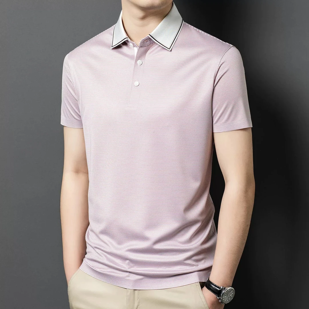 醋酸桑蚕丝凉爽短袖T恤男薄款 夏季翻领商务休闲Polo衫细条纹体恤