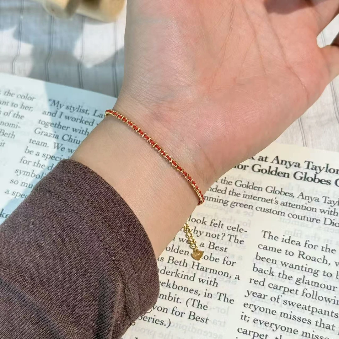 925银手链 纯银镀金编织经典黑红手绳情侣款简约细款可调节时尚