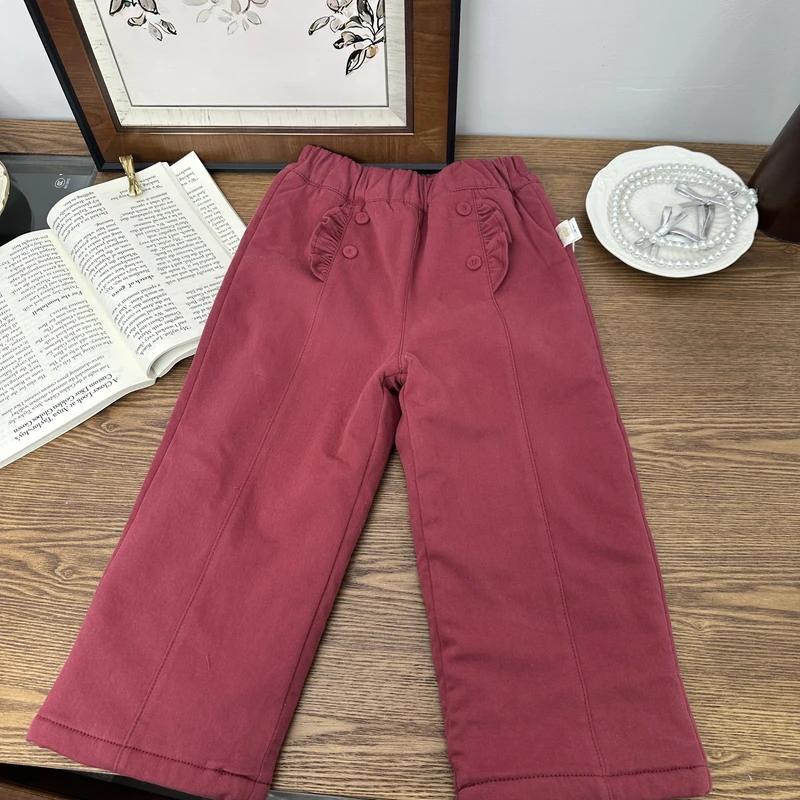 1【Golden cherry】儿童纯色布扣木耳边加厚休闲裤281085