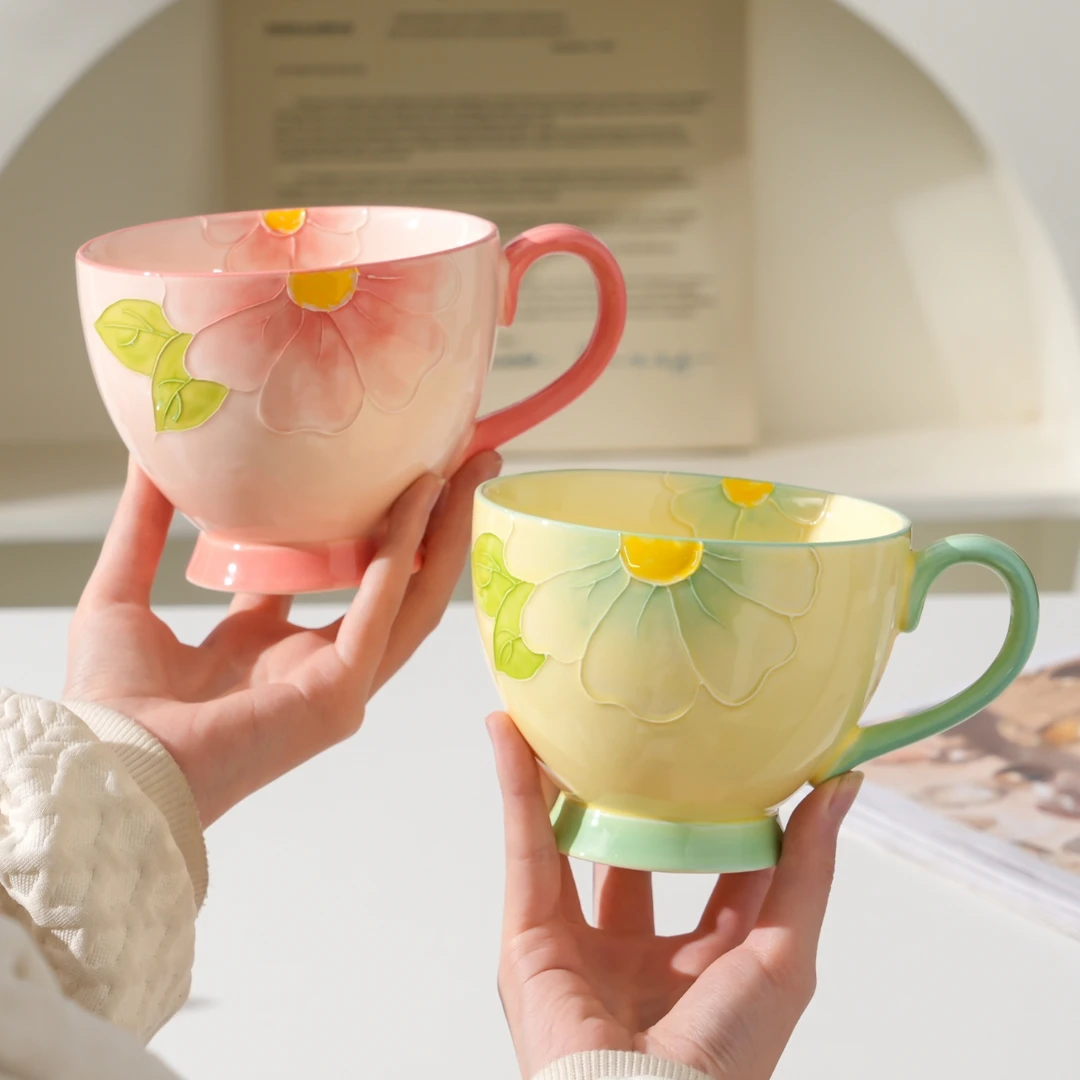 美好时光陶瓷创意手绘浮雕高温釉下彩专用精致早餐杯牛奶杯燕麦杯