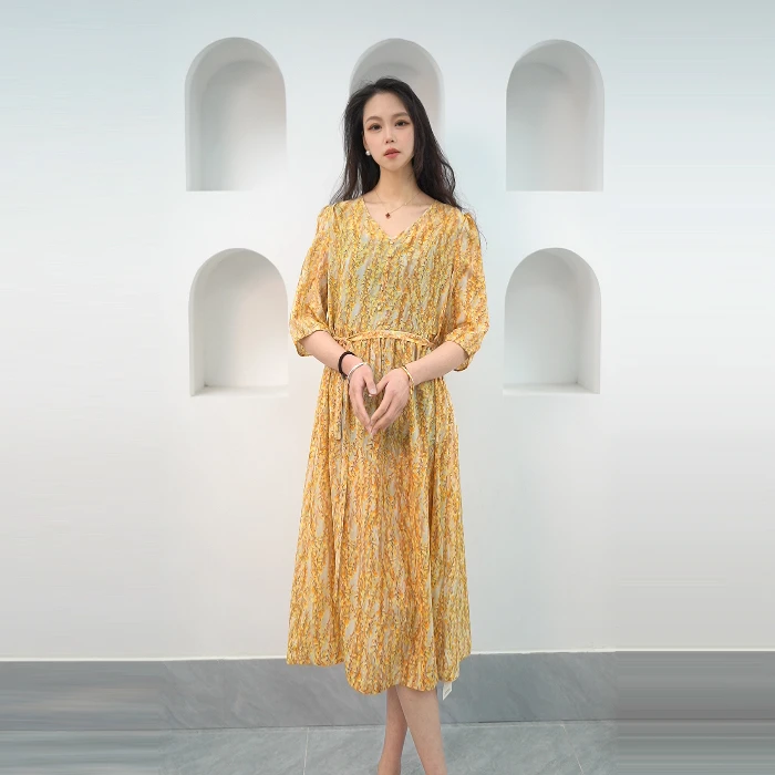 【欧克萨】B24605-女装桑蚕丝连衣裙真丝气质显瘦休闲碎花减龄夏