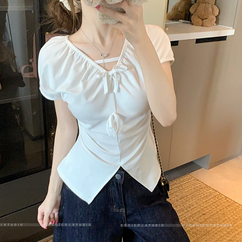 【8837桃】胖mm蝴蝶结系带短袖衬衫女夏季新款设计感收腰显瘦上衣