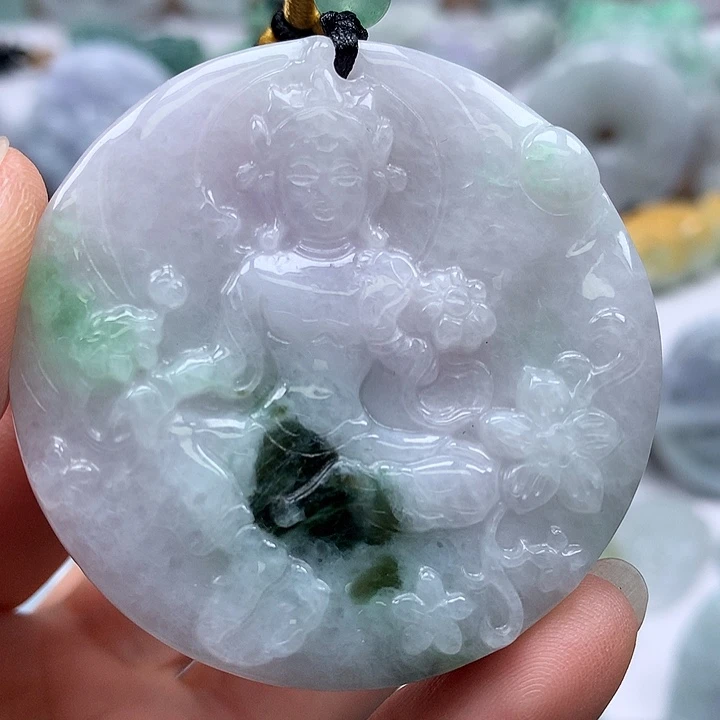 翡翠未镶嵌颈饰山水观音两面工艺福利多彩颜色福利