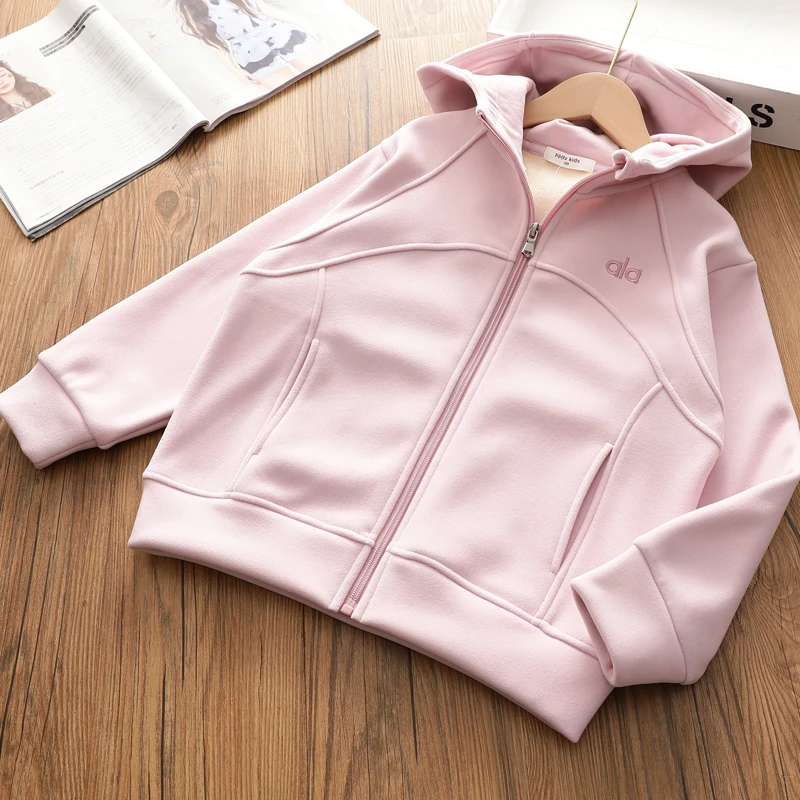 女童一体绒连帽休闲棒球服2025深秋冬装桑蚕丝自发热保暖拉链外套