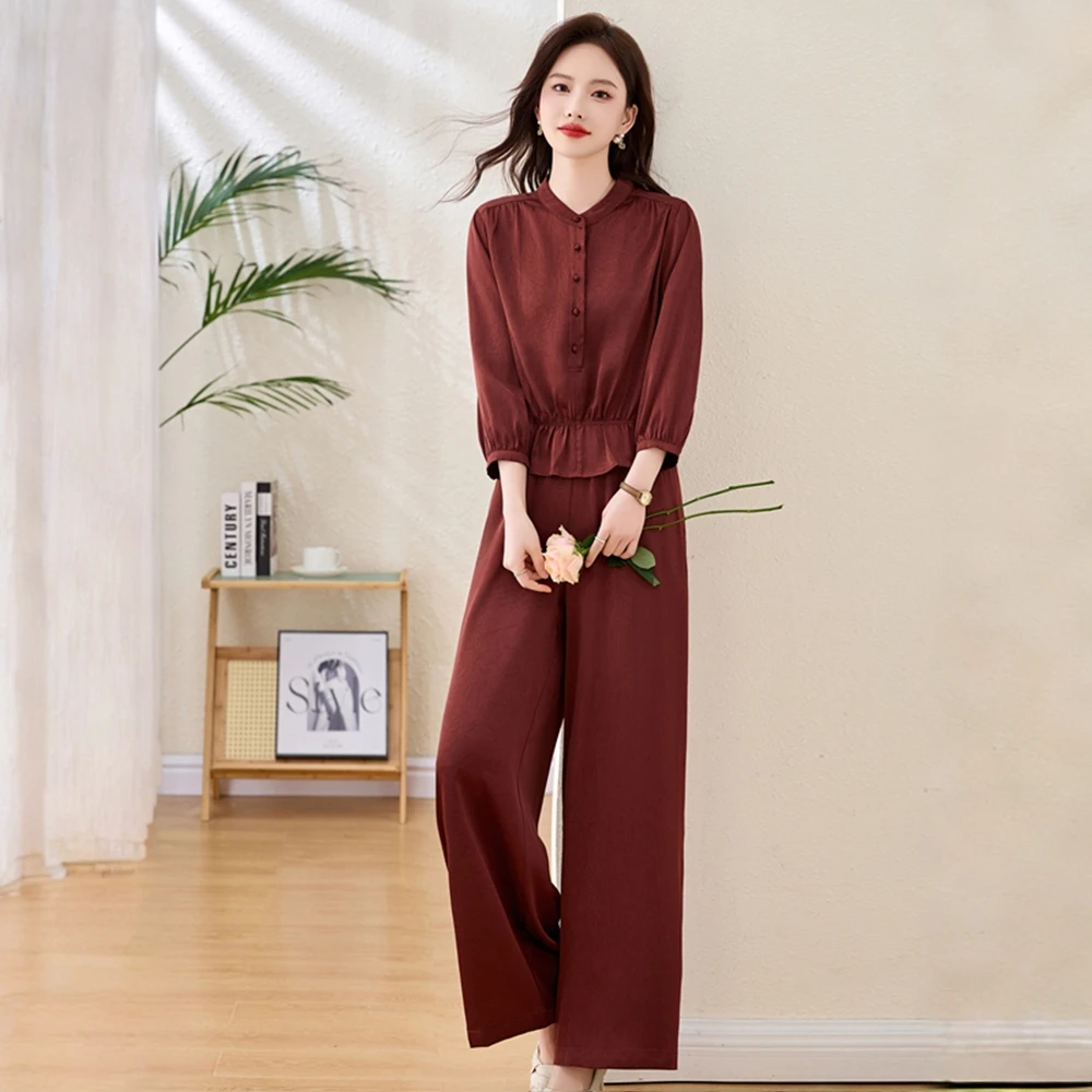 玛古芭红色时尚套装女士早秋季新款休闲法式气质减龄阔腿裤两件套