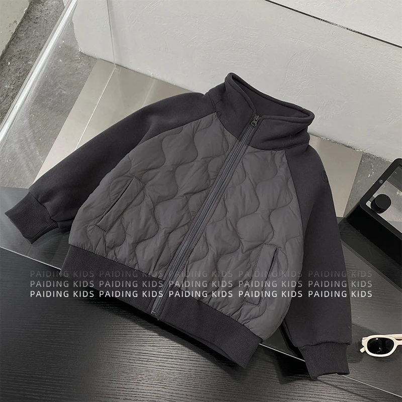 冬装儿童韩版时尚拼色葫芦双线纹理休闲立领棉服外套SJ6538