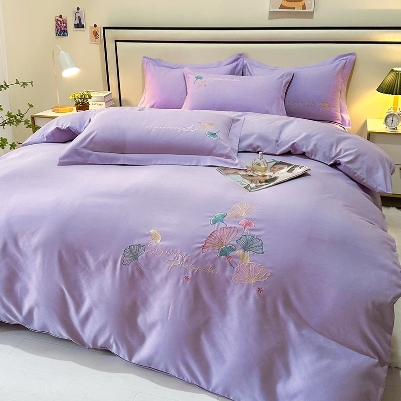 斜纹棉四件套绣花刺绣被套床裙宽边枕套亲肤柔软简约家纺床上用品