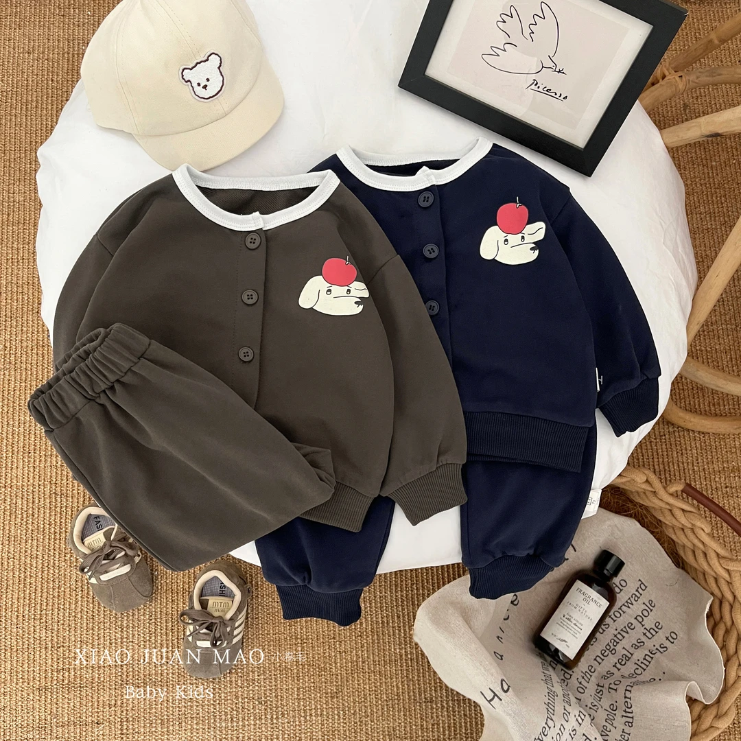 T25C120春季新款男宝女宝韩系百搭休闲纯色长袖开衫裤子两件套装