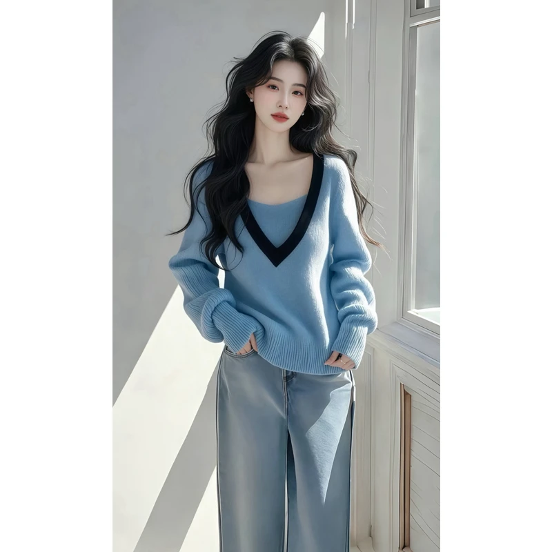 今年流行漂亮慵懒高级感超好看韩系奶呼呼软糯蓝色假两件针织上衣