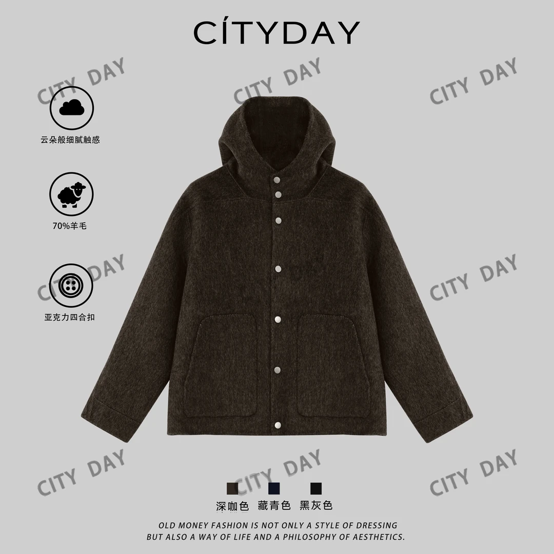 CityDay【楠哥】云柔双面呢羊毛连帽细腻亲肤廓形外套 8563