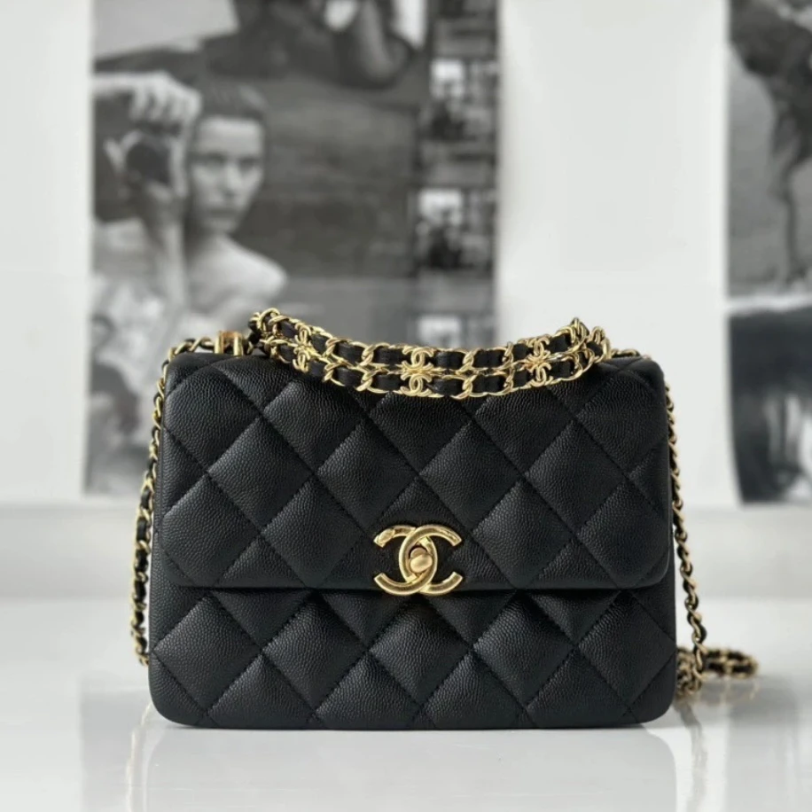 未使用 Chanel/香奈儿 22k黑金荔枝牛20cm双链条