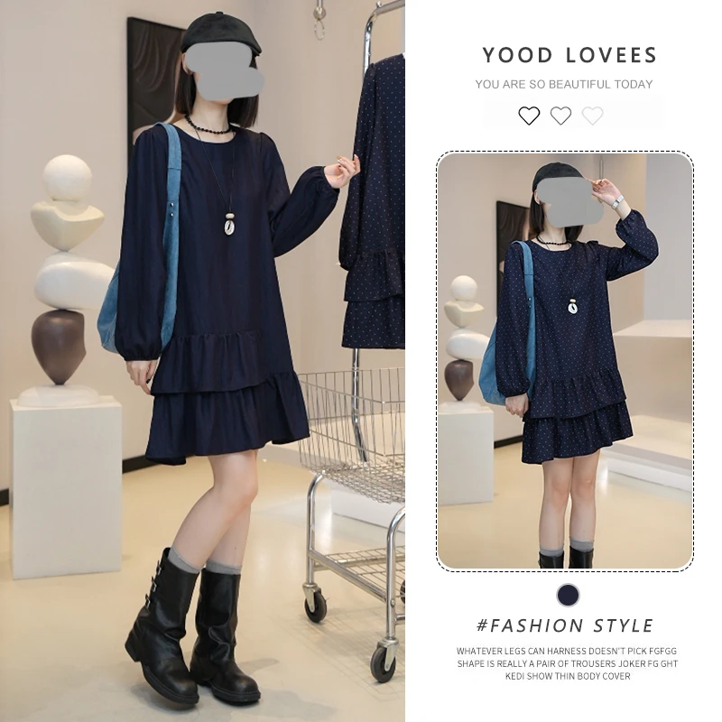 法式气质别致荷叶边长袖连衣裙女小个子时尚设计感休闲波点裙子潮