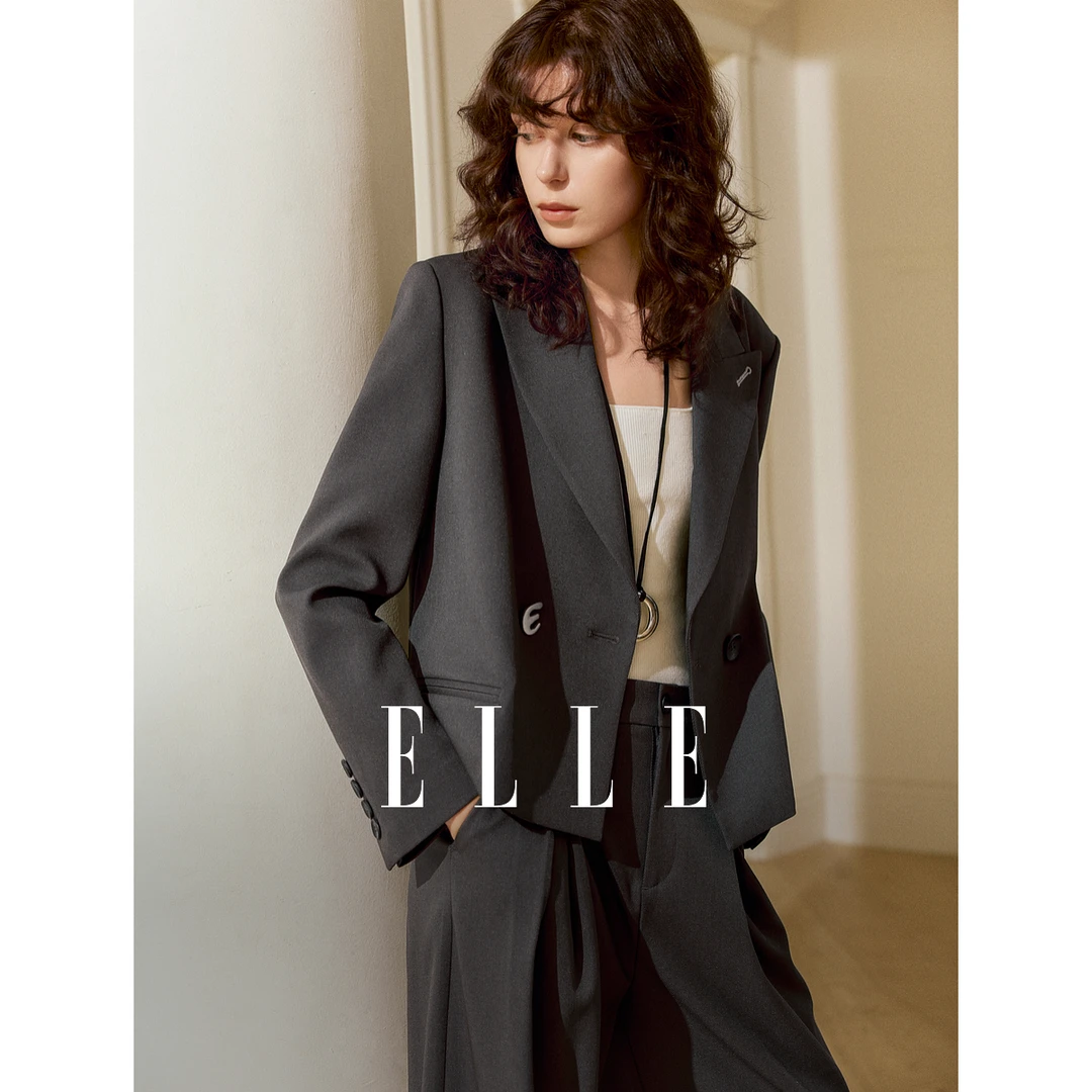 ELLE气质短款西装外套2025春季新风感波粒长袖时尚设计感EX48785