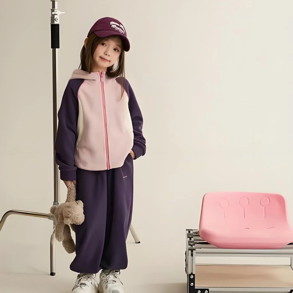大童小童2025套装儿童韩版休闲奥粒绒新款洋气拼色连帽外套两件套