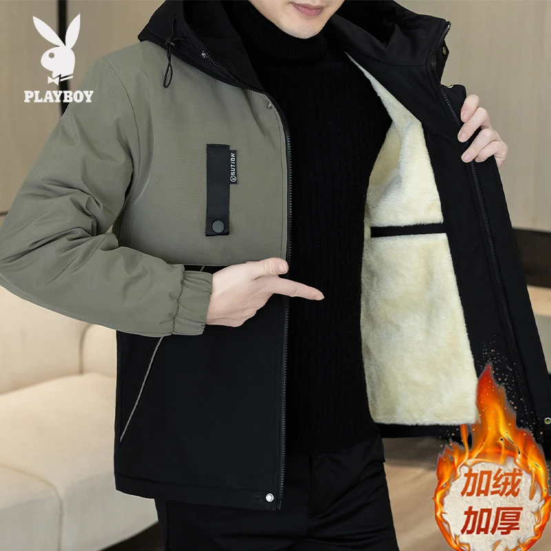花花公子加绒加厚新款潮流休闲男士冲锋衣夹克秋冬保暖派克服外套
