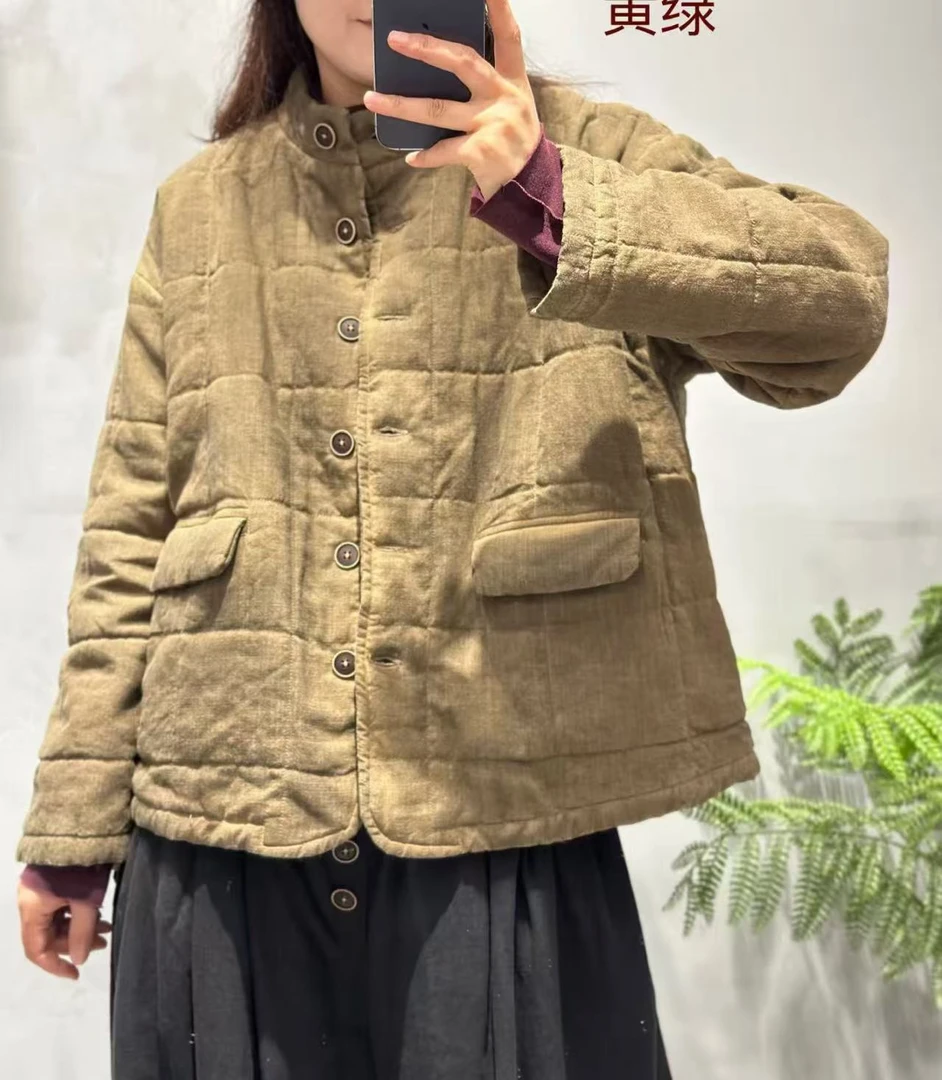 砂洗亚麻棉服女冬季新款宽松立领绗线棉衣休闲夹棉外套