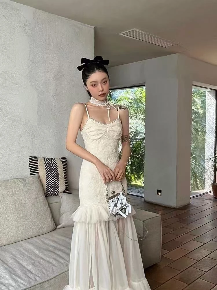 Yuanzhan/媛站拼接常规连衣裙白色法式显瘦夏季名媛性感收腰