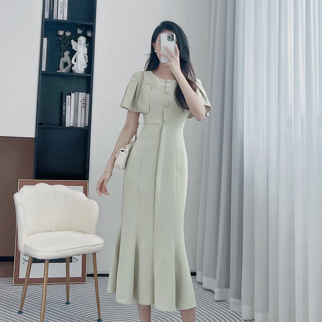 拉夏贝尔25夏季新款清凉时尚轻奢赫本风收腰连衣裙 1604 AQC