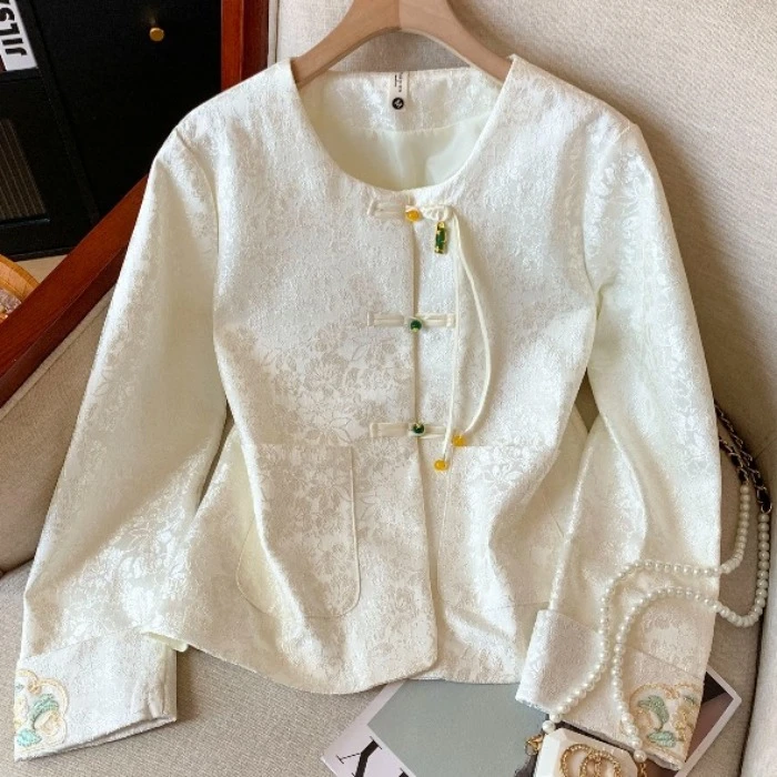 新中式国风盘扣缎面提花外套女装秋冬装高级感小香风修身刺绣上衣