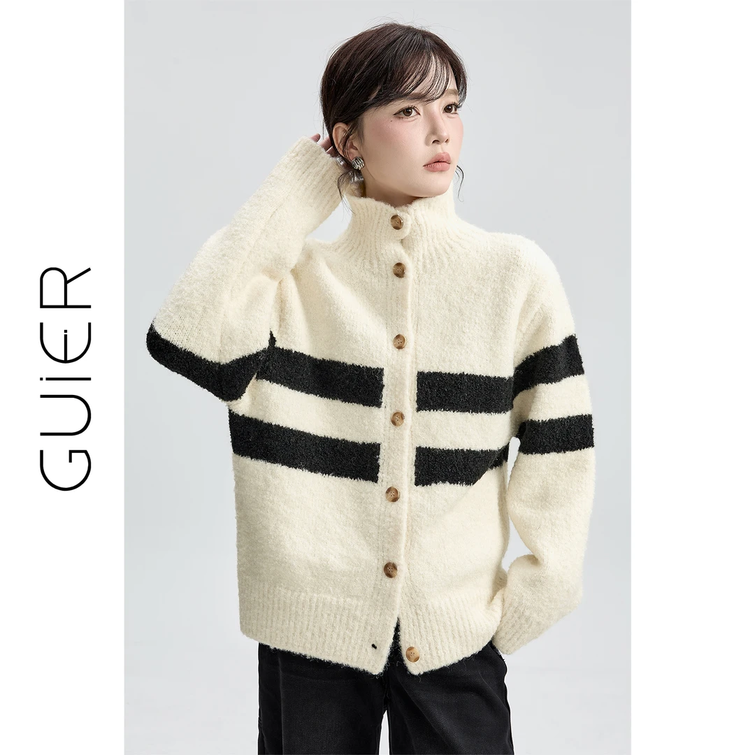 「GUIER」立领慵懒感秋冬撞色条纹针织毛衣开衫 G0757