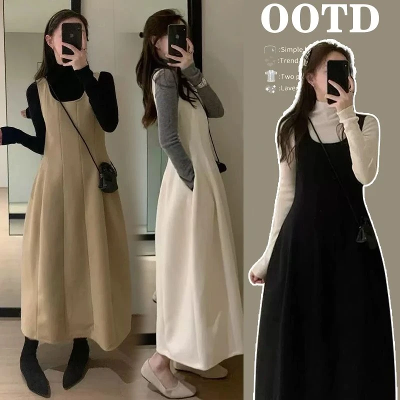 孕妇装秋冬两件套韩版气质针织打底衫显瘦鱼骨分割线毛呢背心裙