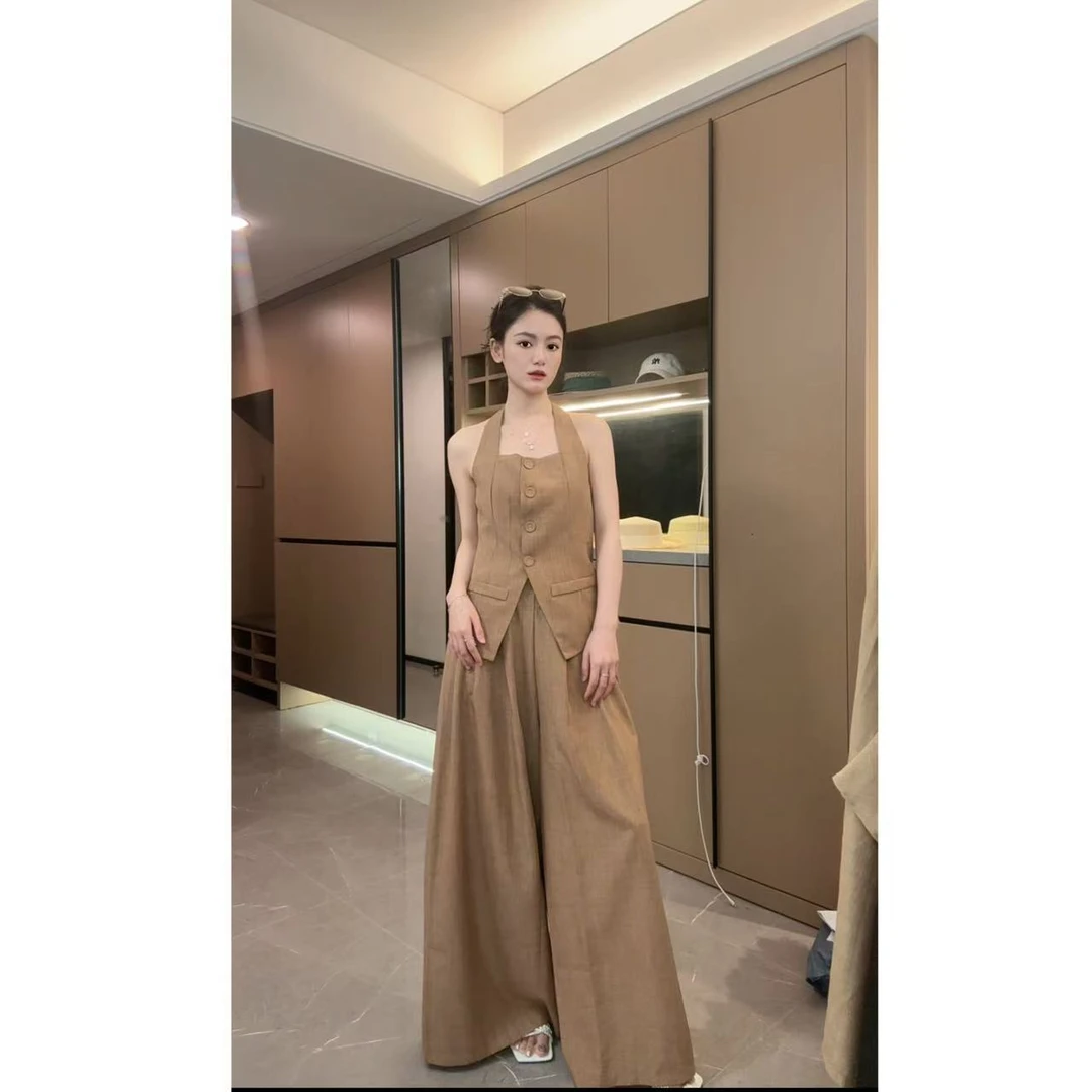 aDai【西城律动】夏季方领吊带收腰上衣直筒阔腿裤套装T080