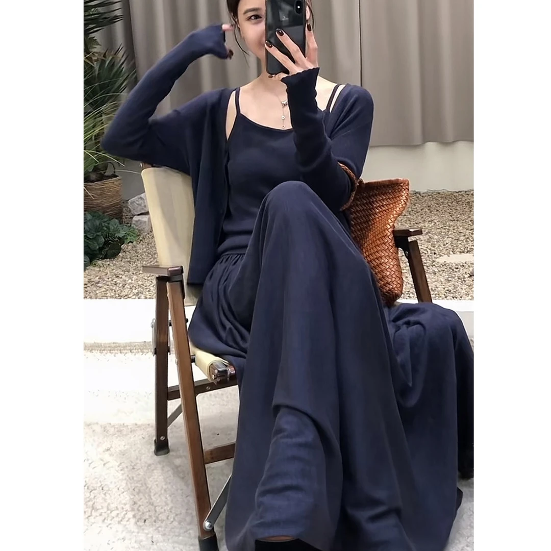 韩系简约时尚套装女2025秋季纯色百搭长袖开衫吊带半身裙三件套潮