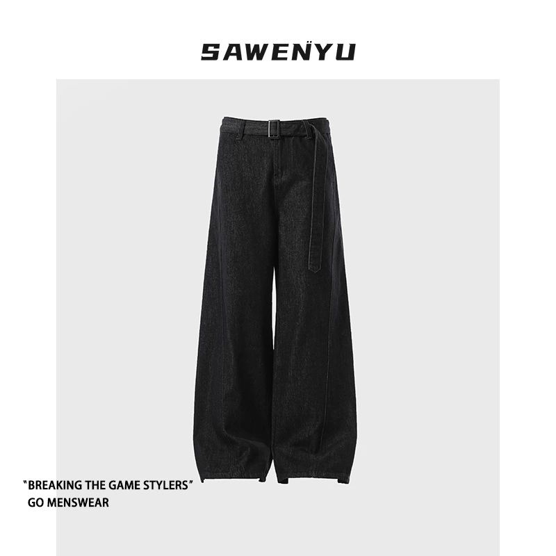 SAWENYU美式黑色弯刀牛仔裤男新款潮牌宽松百搭直筒阔腿长裤男生