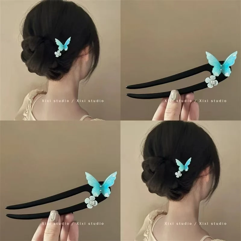 玉兰飘香!蓝色蝴蝶发簪!新中式复古超仙花朵木簪马面裙汉服发钗