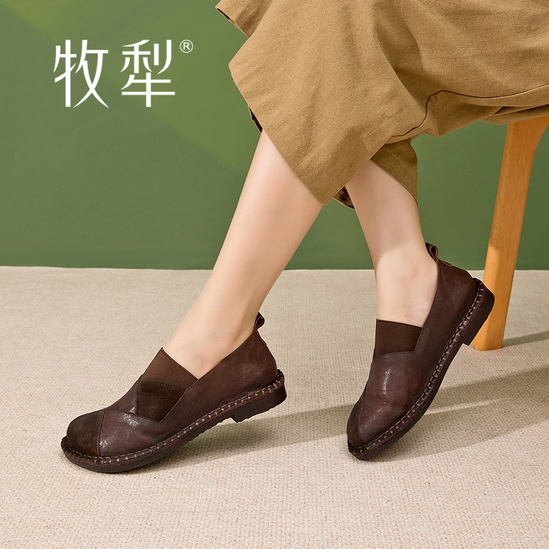 牧犁秋季新款东方美学拼接一脚蹬民族风平底复古羊皮文艺女单皮鞋